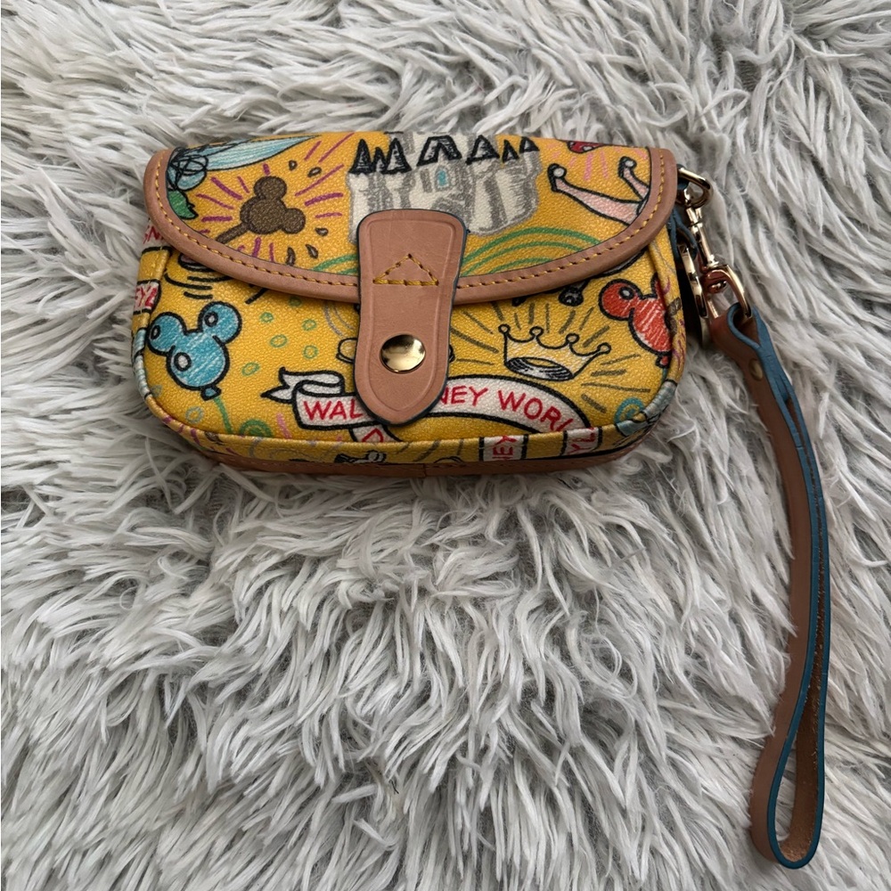 Dooney & Bourke Yellow Cartoon Print Wristlet with Tan Trim
